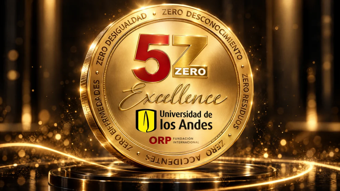 Sello Excellence 5Z de la Universidad de los Andes, otorgado por la Fundación Internacional ORP, en una composición dorada.
